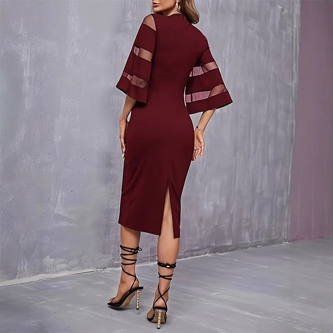 Francesca | Vestido negro midi con mangas de volantes transparentes