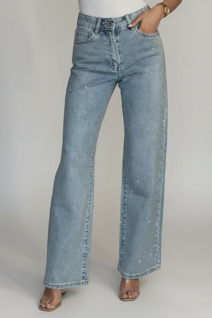 Renata – Jeans rectos de tiro alto con diamantes