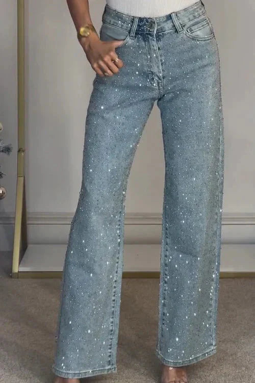 Renata – Jeans rectos de tiro alto con diamantes