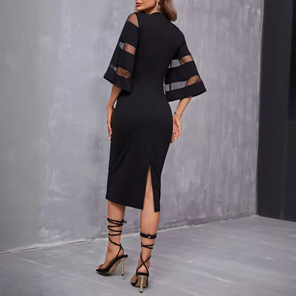 Francesca | Vestido negro midi con mangas de volantes transparentes