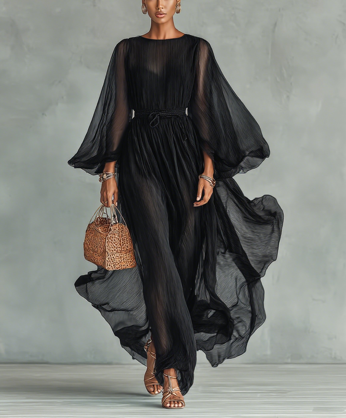 Abril | Vestido Maxi con Cuello Redondo y Manga Larga, con Cintura Ajustable