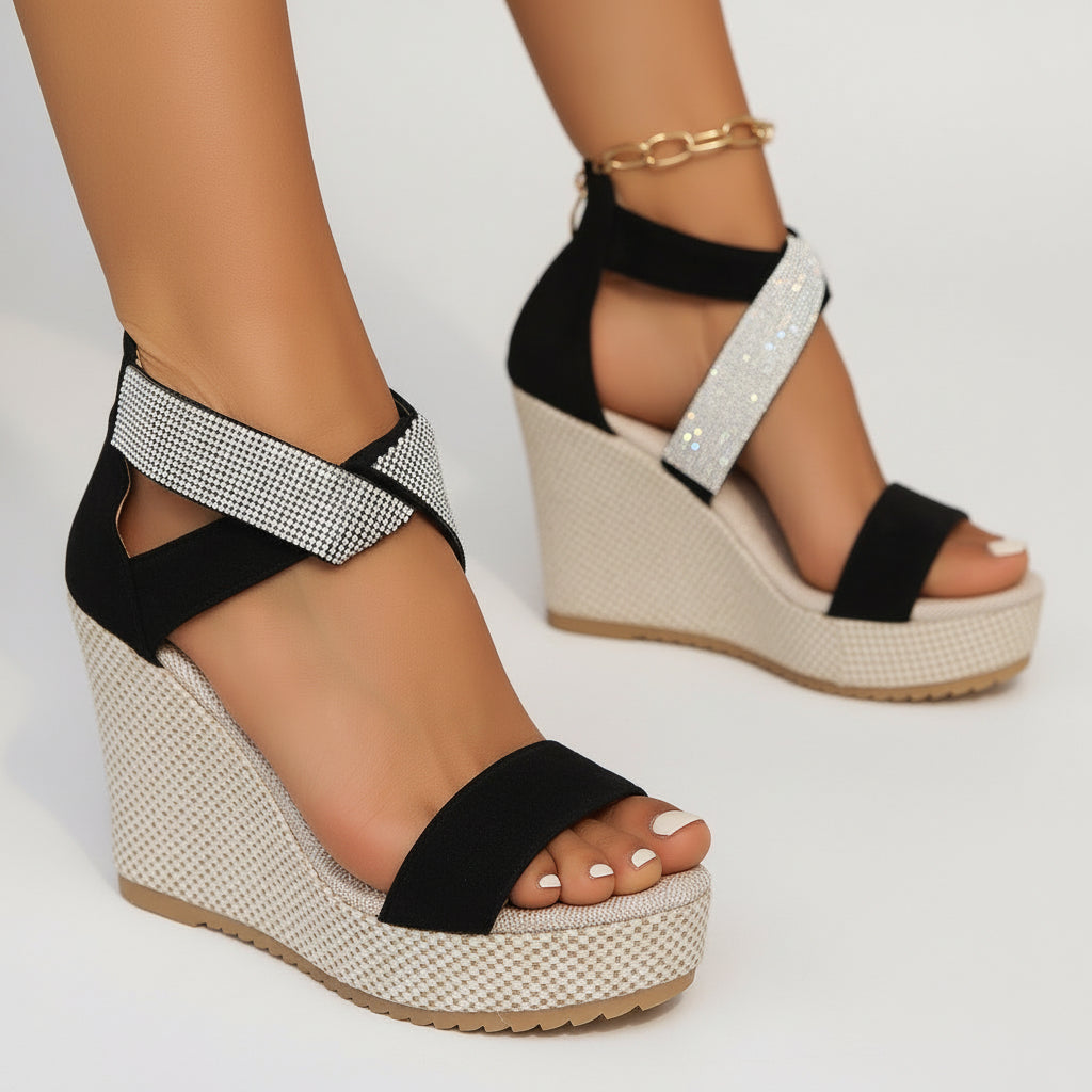 Zaylenna | Sandalias de mujer con plataforma alta, diseño de boca de pez y pedrería