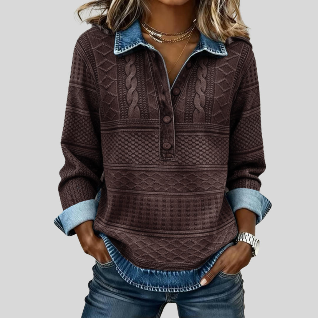 SOFIA | Sudadera de punto trenzado con detalles en denim