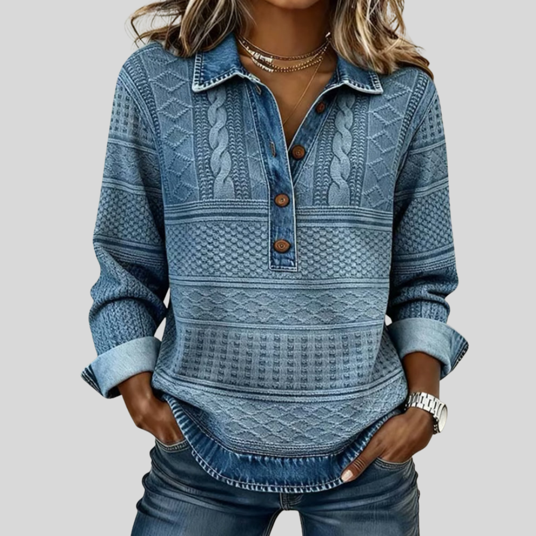 SOFIA | Sudadera de punto trenzado con detalles en denim