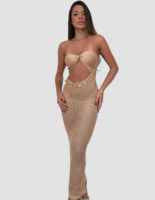 Leticia | Vestido Largo Sexy de Punto Transparente con Cuello Halter