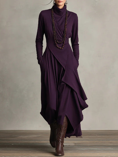 Giorgia™ | Vestido Maxi Plisado Asimétrico en Color Morado con Cuello Alto (Collar no incluido)