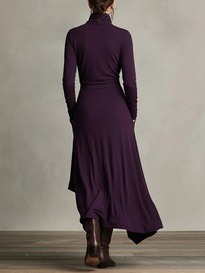 Giorgia™ | Vestido Maxi Plisado Asimétrico en Color Morado con Cuello Alto (Collar no incluido)
