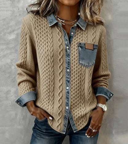 AMBRA | Top de punto patchwork con detalles en denim