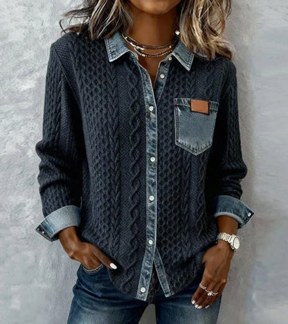 AMBRA | Top de punto patchwork con detalles en denim