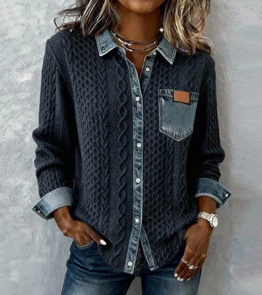 AMBRA | Top de punto patchwork con detalles en denim