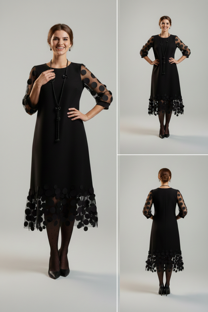 Beatrice | Vestido negro fluido con detalles en tul de lunares