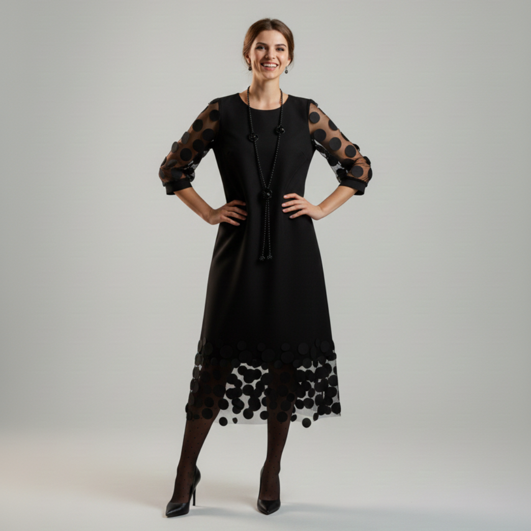 Beatrice | Vestido negro fluido con detalles en tul de lunares