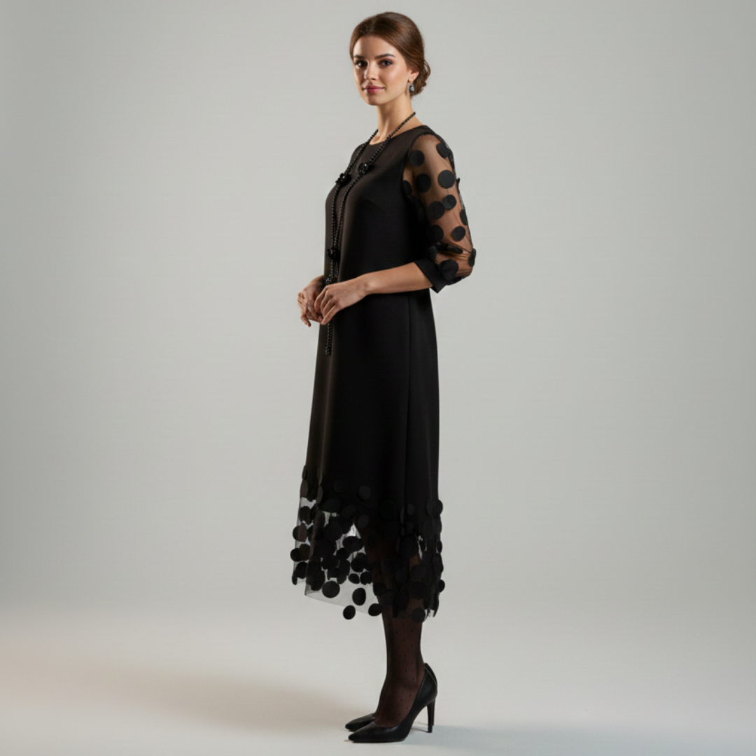 Beatrice | Vestido negro fluido con detalles en tul de lunares