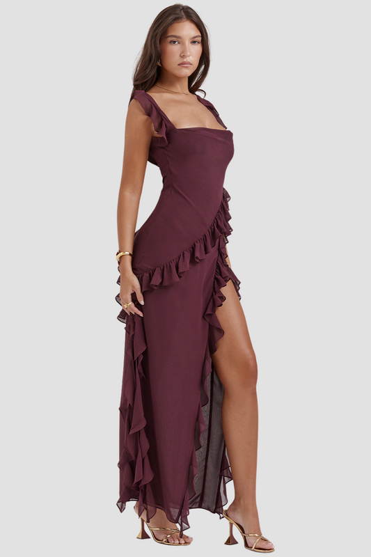 Riana | Vestido vaporoso con volantes y escote drapeado