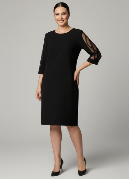 Valentina | Vestido Negro Clásico con Mangas Transparentes Bordadas