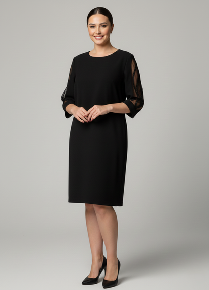 Valentina | Vestido Negro Clásico con Mangas Transparentes Bordadas