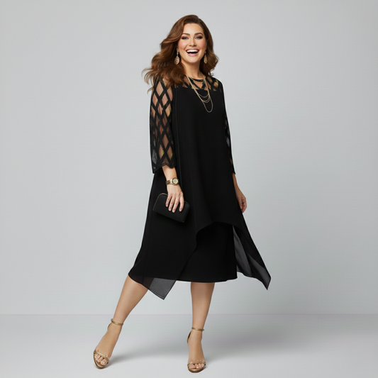 Camilla | Vestido negro asimétrico con mangas transparentes