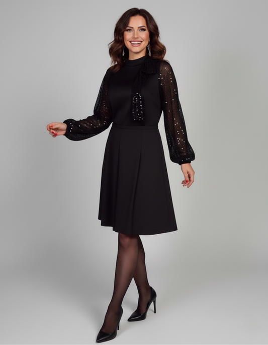 Federica | Vestido negro elegante con mangas transparentes y luminosas