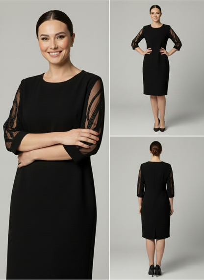 Valentina | Vestido Negro Clásico con Mangas Transparentes Bordadas