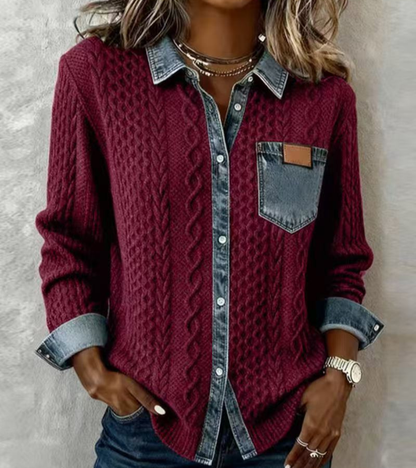 AMBRA | Top de punto patchwork con detalles en denim