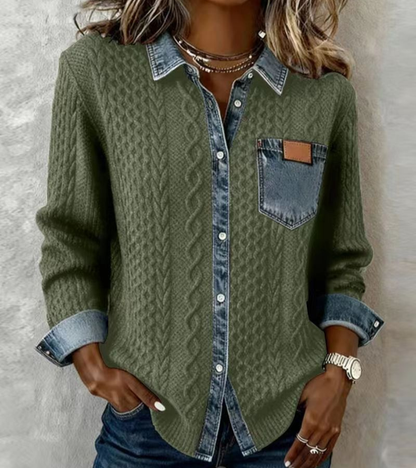 AMBRA | Top de punto patchwork con detalles en denim