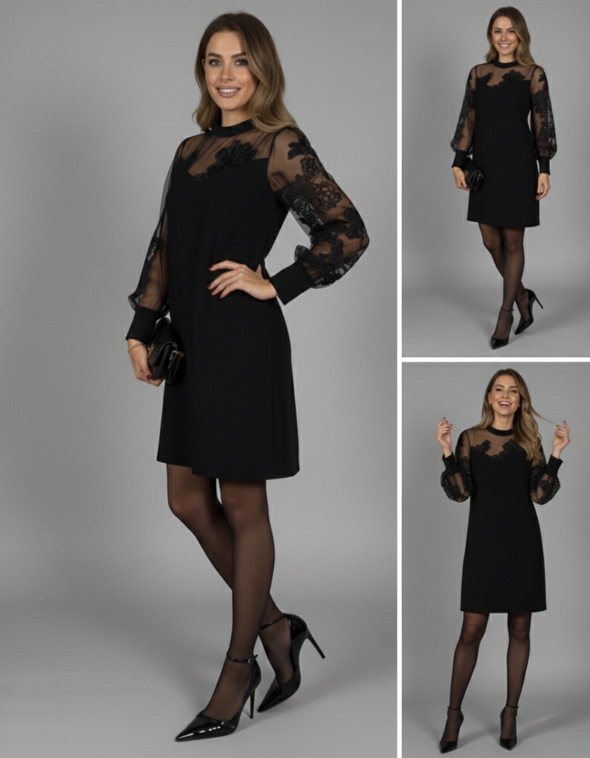 Caterina | Vestido negro elegante con mangas de tul