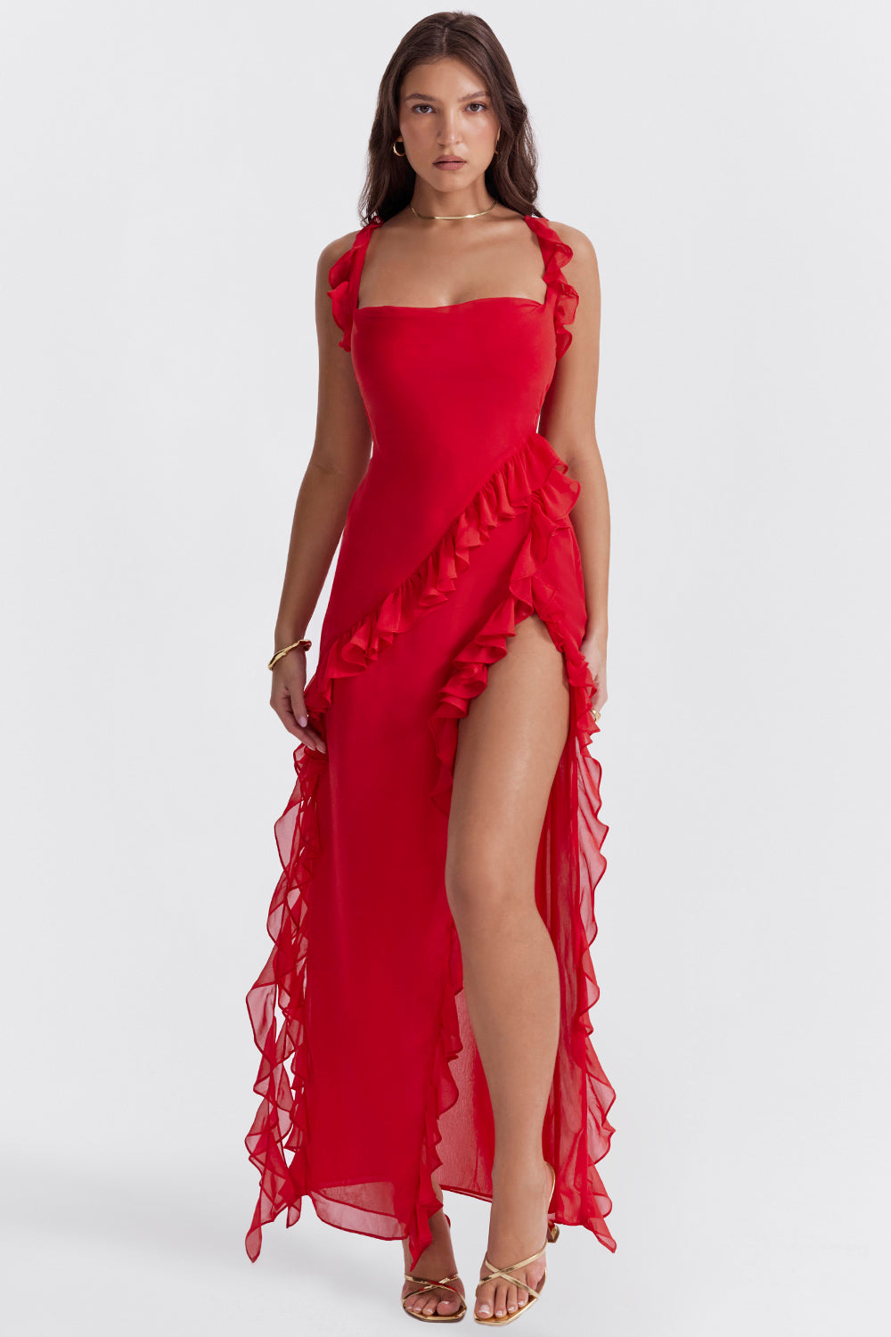 Riana | Vestido vaporoso con volantes y escote drapeado