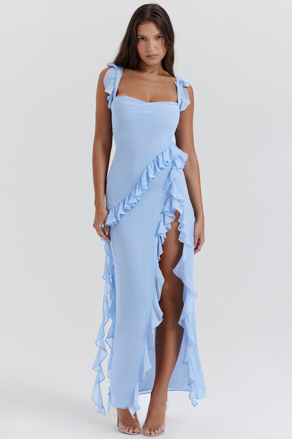 Riana | Vestido vaporoso con volantes y escote drapeado