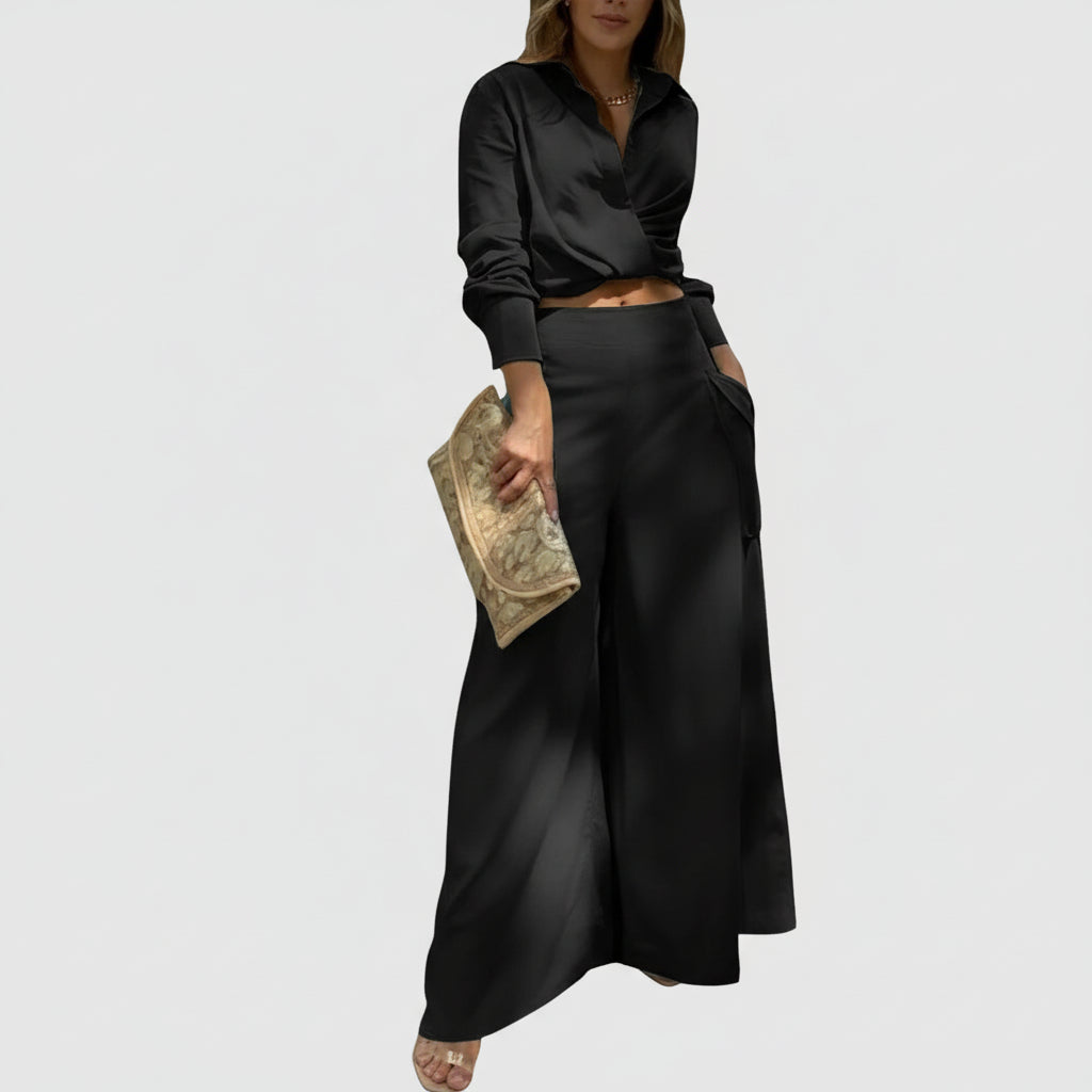 Patricia | Traje de verano con camisa anudada y pantalón palazzo de cintura alta