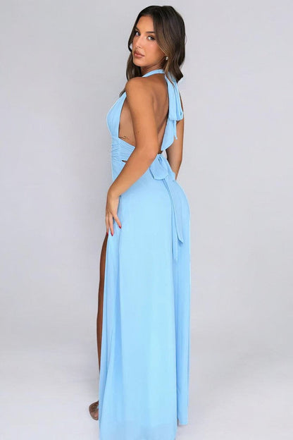 LILLI | Vestido maxi con cuello halter elegante y abertura alta