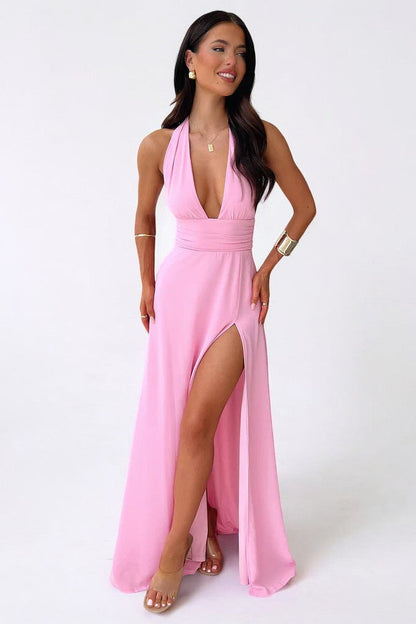 LILLI | Vestido maxi con cuello halter elegante y abertura alta