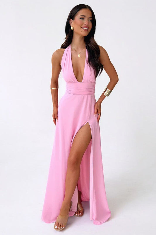 LILLI | Vestido maxi con cuello halter elegante y abertura alta