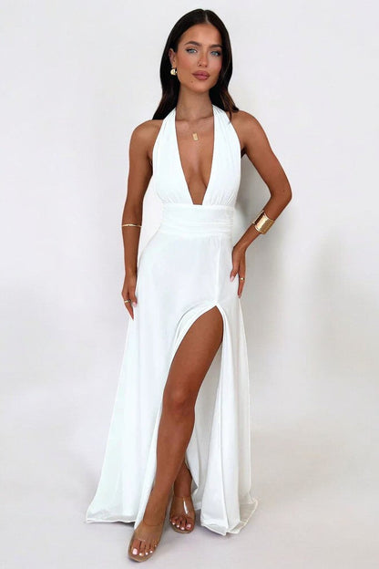 LILLI | Vestido maxi con cuello halter elegante y abertura alta