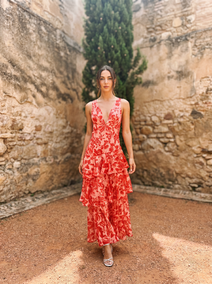 Vestido con Estampado Floral y Escote Profundo