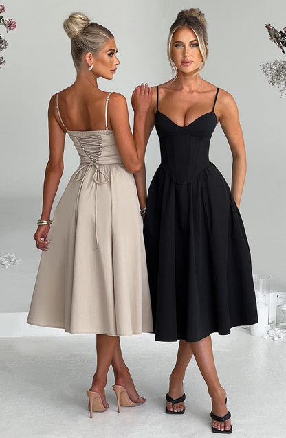 MAILEEN | Vestido midi elegante con corsé