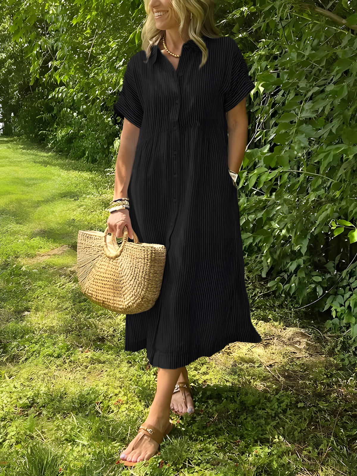 Lare |Vestido largo de rayas con bolsillos y cuello en V