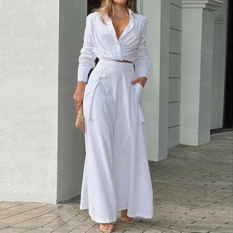 Patricia | Traje de verano con camisa anudada y pantalón palazzo de cintura alta